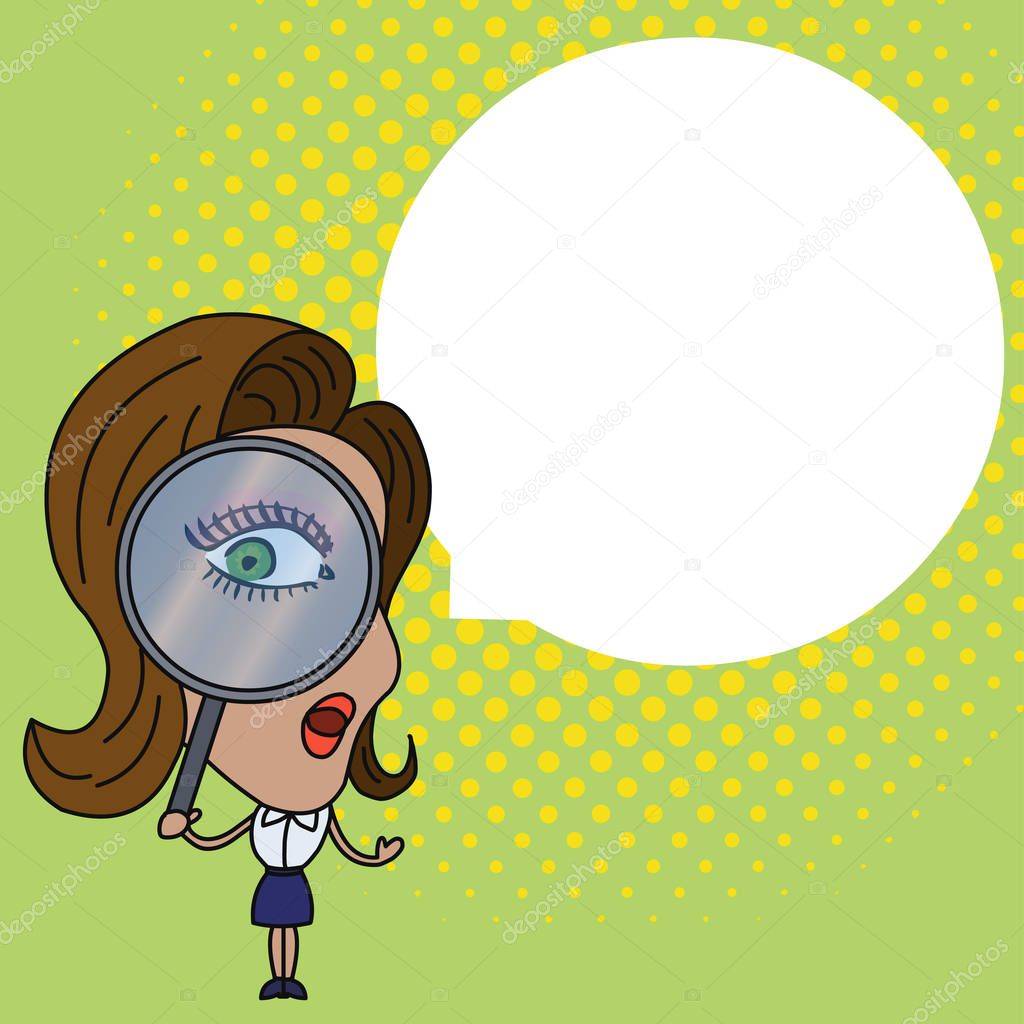 Woman Looking Trough Magnifying Glass with Floating Round Shape Blank Speech Bubble in White. Flat photo Design of Investigation Problem Solution Concept