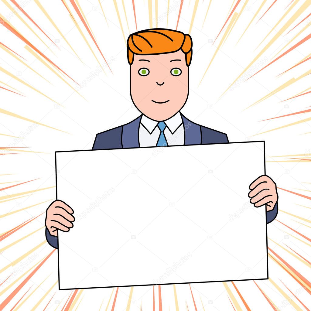 Smiling Man in Formal Suit Holding Big Blank Poster Board in Front of Himself with Both Hands. Creative Background Space for Announcements and Promotions