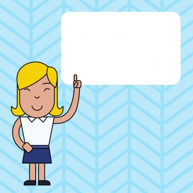 Boş Dikdörtgen Metin Kutusunu İşaret Etmek İçin Sol İşaret ParmağıYla Gülümseyen Genç Kadın Ayakta. Duyurular Reklam Promosyonlar için Yaratıcı Arka Plan