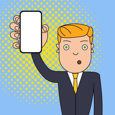 Şaşkın veya Şaşırmış Erkek Ofis Çalışanı veya İşadamı Dikey Boş Ekran Akıllı Telefon Cihazı tutuyor. Duyurular Haber Promosyonları için Yaratıcı Arka Plan