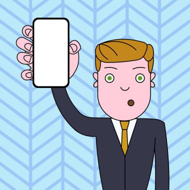 Şaşkın veya Şaşırmış Erkek Ofis Çalışanı veya İşadamı Dikey Boş Ekran Akıllı Telefon Cihazı tutuyor. Duyurular Haber Promosyonları için Yaratıcı Arka Plan