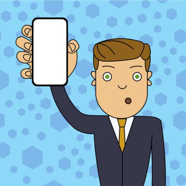 Şaşkın veya Şaşırmış Erkek Ofis Çalışanı veya İşadamı Dikey Boş Ekran Akıllı Telefon Cihazı tutuyor. Duyurular Haber Promosyonları için Yaratıcı Arka Plan