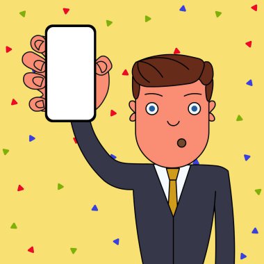 Şaşkın veya Şaşırmış Erkek Ofis Çalışanı veya İşadamı Dikey Boş Ekran Akıllı Telefon Cihazı tutuyor. Duyurular Haber Promosyonları için Yaratıcı Arka Plan