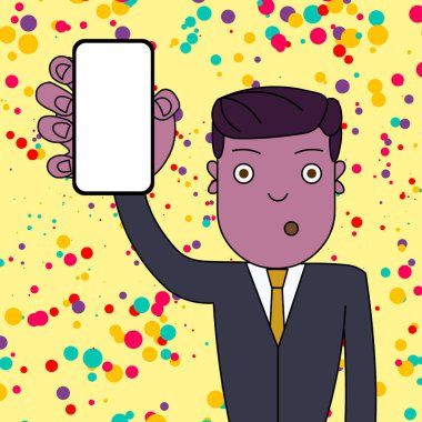 Şaşkın veya Şaşırmış Erkek Ofis Çalışanı veya İşadamı Dikey Boş Ekran Akıllı Telefon Cihazı tutuyor. Duyurular Haber Promosyonları için Yaratıcı Arka Plan