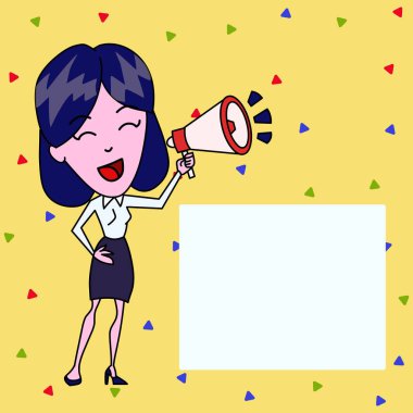 Resmi Bluz ve Etek Içinde Gülümseyen Genç Kadın Ses Simgesi ve Boş Metin Kutusu Yanında Blowhorn içine konuşan. Duyurular ve Reklamlar için Yaratıcı Arka Plan Alanı