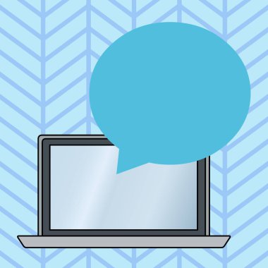 Yuvarlak Şekil Boş Konuşma Bubble Renkli Fon karşı Ekran Kapalı Açık Laptop Üzerinde Yüzen. Monitörden Boş Metin Balonu Çıkıyor. Duyuru ve Promosyonlar Için Alan