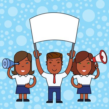 Barışçıl Gösteri veya Strike Boş Banner, Megafon ve Spy Cam Holding Gülümseyen İnsanlar Erkek ve İki Kadın Grubu. Düz fotoğraf fotoğrafı. Sanat Tasarımı