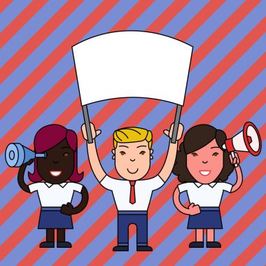 Barışçıl Gösteri veya Strike Boş Banner, Megafon ve Spy Cam Holding Gülümseyen İnsanlar Erkek ve İki Kadın Grubu. Düz fotoğraf fotoğrafı. Sanat Tasarımı