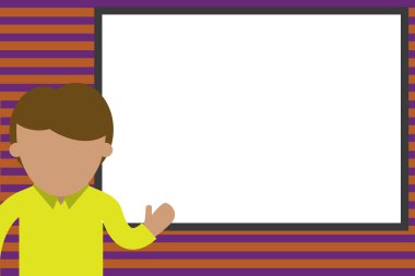 Lise Öğrencisi sunum yapıyor. Beyaz tahtayı gösteren genç bir adam. Tahtanın önünde duran sıradan giyinme kişisi. Bireysel erkek eğitim üniversitesi. fotoğraf Sanat.