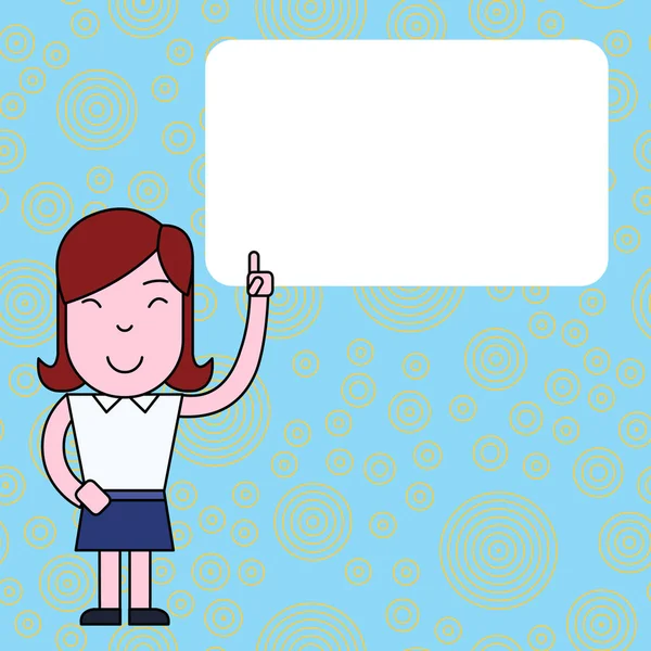 空白の長方形のテキストボックスを指す注意のための左人差し指を上げて立っている笑顔の若い女性。お知らせ広告プロモーションのクリエイティブな背景 — ストックベクタ