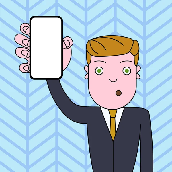 Şaşkın veya Şaşırmış Erkek Ofis Çalışanı veya İşadamı Dikey Boş Ekran Akıllı Telefon Cihazı tutuyor. Duyurular Haber Promosyonları için Yaratıcı Arka Plan