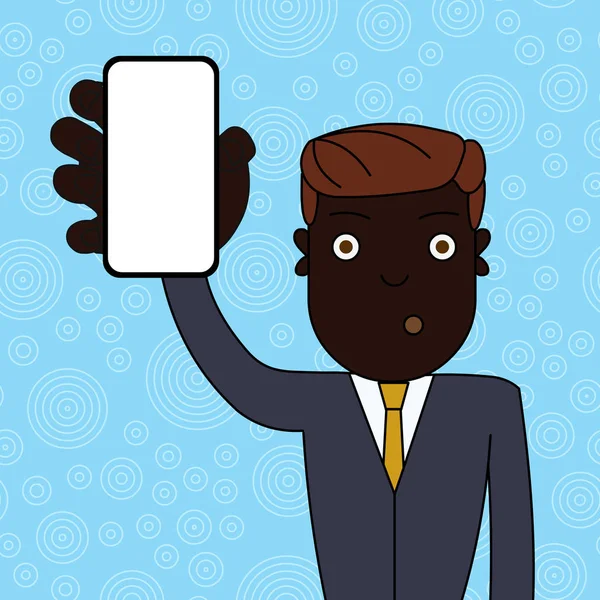 Şaşkın veya Şaşırmış Erkek Ofis Çalışanı veya İşadamı Dikey Boş Ekran Akıllı Telefon Cihazı tutuyor. Duyurular Haber Promosyonları için Yaratıcı Arka Plan