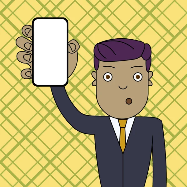 Şaşkın veya Şaşırmış Erkek Ofis Çalışanı veya İşadamı Dikey Boş Ekran Akıllı Telefon Cihazı tutuyor. Duyurular Haber Promosyonları için Yaratıcı Arka Plan