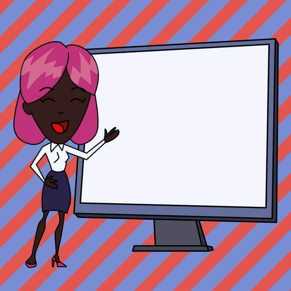 Usměvavá bílá samice v formálním oděvu a ukazující na prázdnou projekční obrazovku nebo tabuli na stojan s levou rukou na prezentaci, přednáška nebo obchodní schůzka — Stockový vektor
