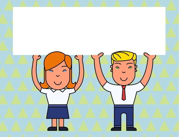 Dos personas sonrientes macho y hembra sosteniendo un gran cartel en blanco con ambas manos. Espacio de fondo creativo para anuncios y promociones — Vector de stock