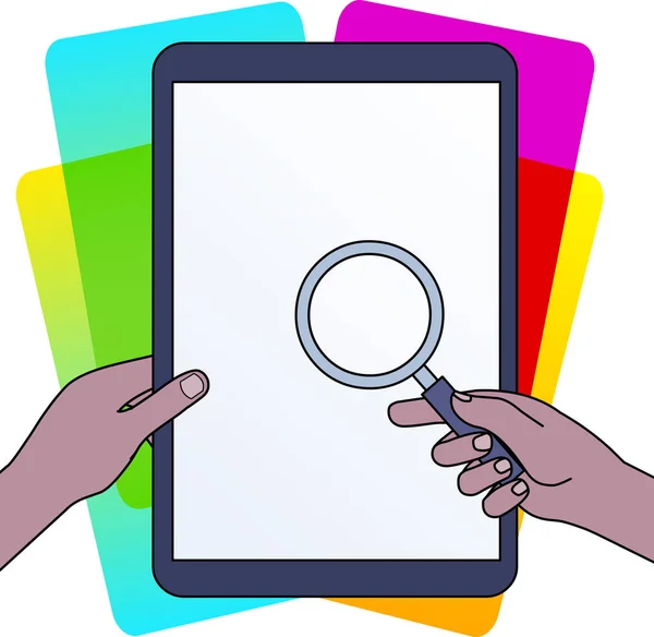 Gros plan de verre grossissant dans une main dirigé vers tablette écran tactile dans un autre. Concept de solution de problème. Modèle d'infographie de conception de photo plate — Image vectorielle