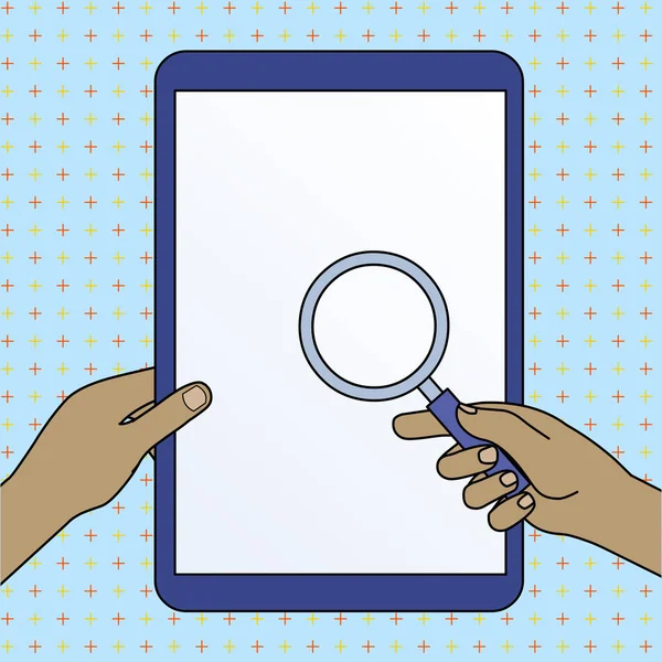 Gros plan de verre grossissant dans une main dirigé vers tablette écran tactile dans un autre. Concept de solution de problème. Modèle d'infographie de conception de photo plate — Image vectorielle