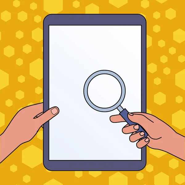 Closeup of Magnifying Glass in One Hand Directed at Touch Screen Tablet in Another One. Problem Solution Concept. Flat photo Design Infographic Template