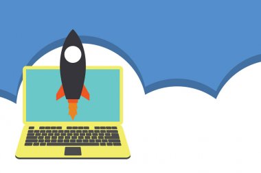 Roket dizüstü bilgisayarı yukarı doğru fırlatıyor. Yörüngedeki uzay aracı taşınabilir bilgisayar. Başlangıç projesi. Elektronik cihaz ateşleme uzay gemisi. Objektif geliştirin. fotoğraf Sanat.