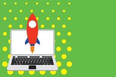 Roket dizüstü bilgisayarı yukarı doğru fırlatıyor. Yörüngedeki uzay aracı taşınabilir bilgisayar. Başlangıç projesi. Elektronik cihaz ateşleme uzay gemisi. Objektif geliştirin. fotoğraf Sanat.