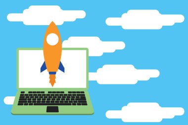 Roket dizüstü bilgisayarı yukarı doğru fırlatıyor. Yörüngedeki uzay aracı taşınabilir bilgisayar. Başlangıç projesi. Elektronik cihaz ateşleme uzay gemisi. Objektif geliştirin. fotoğraf Sanat.