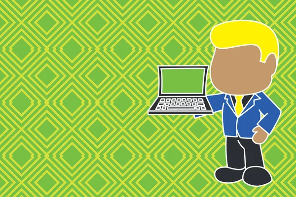 Staande professionele zakenman houden open laptop rechterkant dragen pak stropdas. Manager die Personal computer weergeeft. Mannelijk elektronisch apparaat voor werknemers. — Stockvector