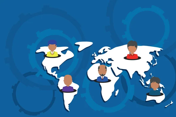 Collage multietniska människor på världskartan. Samling olika personporträtt placerade fem kontinenter. Internationella globala affärsmänniskor. Anslutningspartners Earth. — Stock vektor