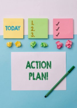 Conceptual hand writing showing Action Plan. Business photo text proposed strategy or course of actions for certain time Stationary placed sideways on top of the softhued backdrop. clipart