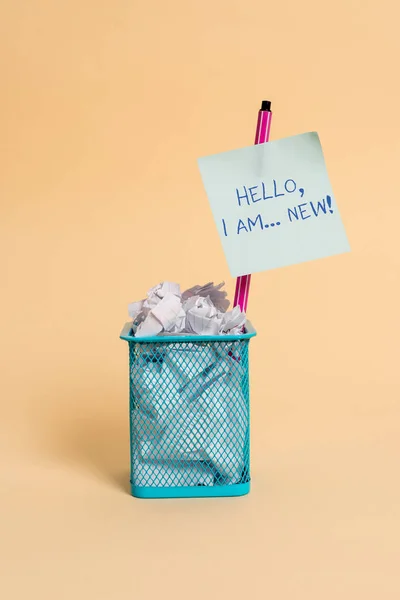 Text sign showing Hello I Am New. Conceptual photo used greeting or begin telephone conversation. — Stock Photo, Image