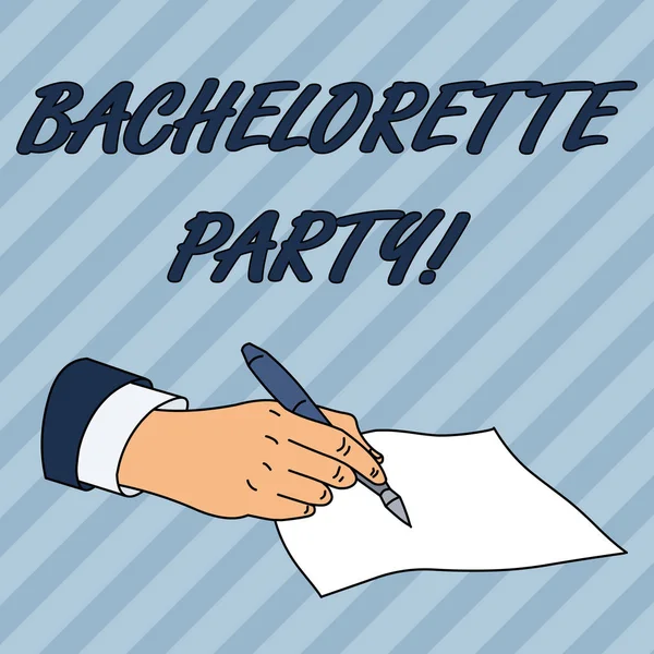 Escribiendo nota mostrando Bachelorette Party. Foto de negocios mostrando una fiesta dada para un woanalysis que está a punto de casarse Hombre mano formal traje celebración bolígrafo pedazo de papel escritura . — Foto de Stock