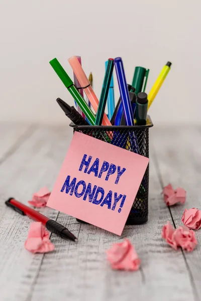 Writing note showing Happy Monday. Business photo showcasing telling that demonstrating order to wish him great new week Writing equipment and paper scraps with blank sheets on the wooden desk. — Stock Photo, Image