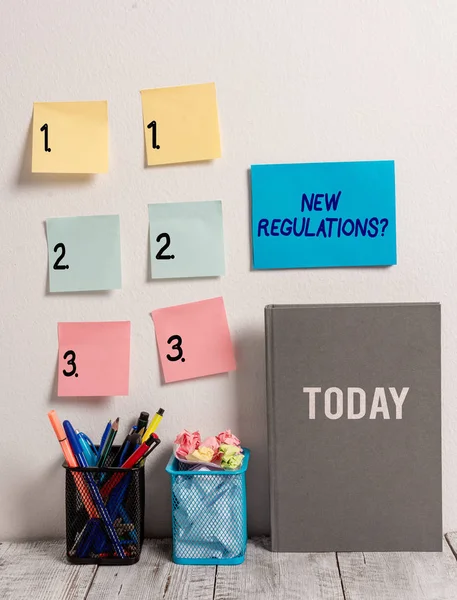 Text sign showing New Regulations Question. Conceptual photo rules made government order control way something is done. — Stock Photo, Image