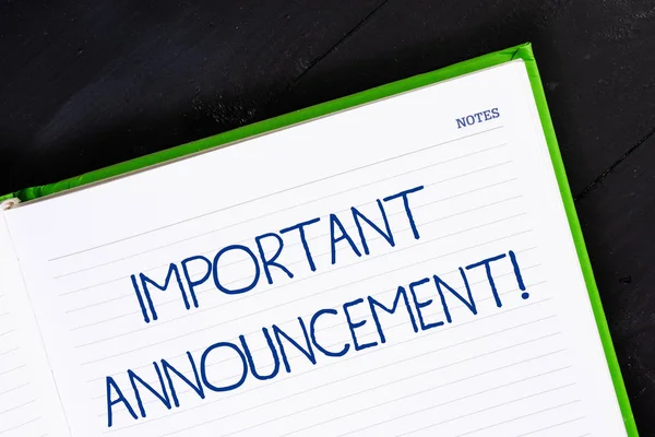 Text sign showing Important Announcement. Conceptual photo spoken statement that tells showing about something Close up view corner blank page notebook. Writing ideas projects goals. — Stock Photo, Image