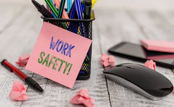 Word writing text Work Safety. Business concept for policies and procedures in place to ensure health of employees Writing equipment and paper plus scraps with gadgets on the wooden desk. — 스톡 사진