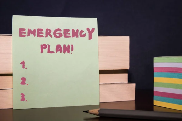 Conceptual hand writing showing Emergency Plan. Business photo showcasing actions developed to mitigate damage of potential events Close up three wooden rectangle boxes paper pencil stack. — Stock Photo, Image