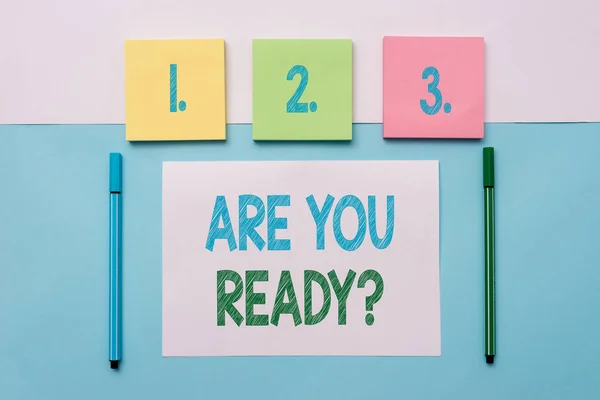 Text sign showing Are You Ready Question. Conceptual photo used telling someone start something when feel prepared Note papers and stationary placed sideways on top of softhued backdrop. — Stockfoto