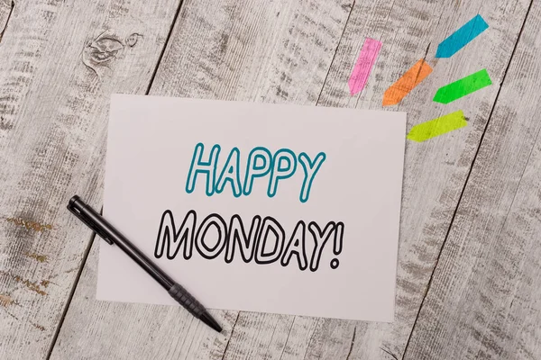 Handwriting text Happy Monday. Concept meaning telling that demonstrating order to wish him great new week Plain note paper and line arrow stickers with pen above the wooden table.