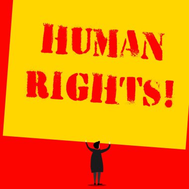 Huanalysis Haklarını gösteren metin işareti. Kavramsal fotoğraf hakları bireysellik için mücadele eşitliği Man büyük boş büyük eğimli dikdörtgen kurulu altında arka görünümünde duruyor.