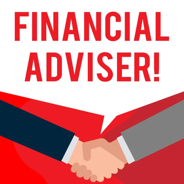 Handwriting text writing Financial Adviser. Concept meaning demonstrating who is employed to provide financial services Two persons have bubbly conversation while greet each other and shake hands.