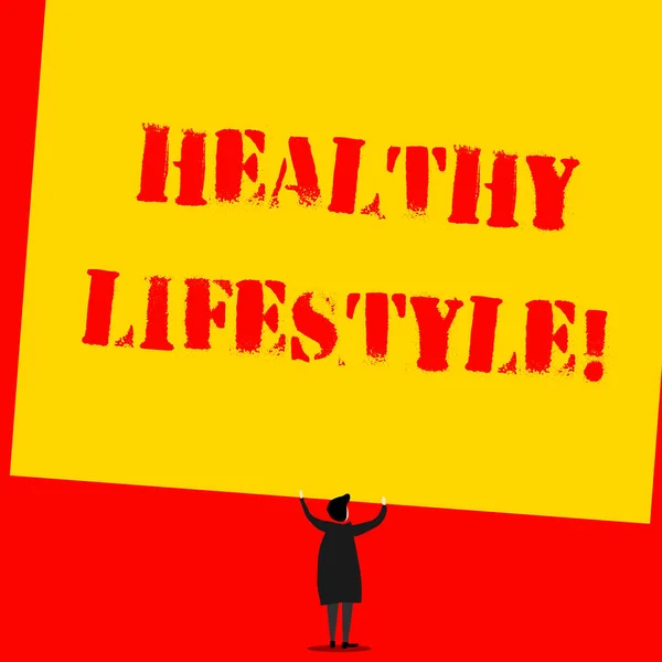 Text sign showing Healthy Lifestyle. Conceptual photo way of living that lowers the risk of being seriously ill Man stands in back view under huge empty blank big tilted rectangle board. — Stok fotoğraf