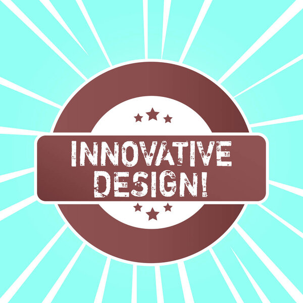 Handwriting text writing Innovative Design. Concept meaning application of better solutions that meet new requirements Colored Round Shape Label Badge Stars Blank Rectangular Text Box Award.