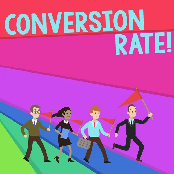 Text sign showing Conversion Rate. Conceptual photo number of visitors to a website that meet the desired goal People Crowd Flags Pennants Headed by Leader Running Demonstration Meeting. — Stockfoto