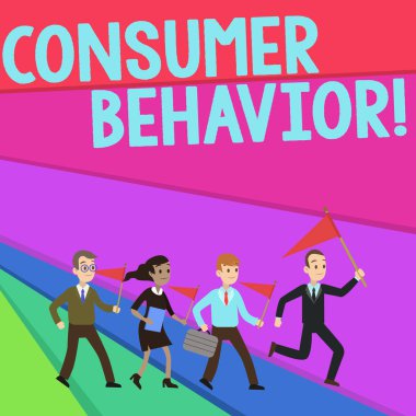 Tüketici Davranışını gösteren metin işareti. Bireysel müşterilerin marka İnsanlar Crowd Flags Pennants Lider Çalışan Gösteri Toplantısı başkanlığında ile etkileşim nasıl kavramsal fotoğraf çalışması.