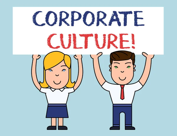 Writing note showing Corporate Culture. Business photo showcasing beliefs and attitudes that characterize a company Two Smiling People Holding Poster Board Overhead with Hands.
