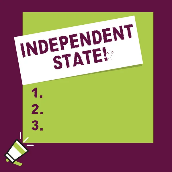 Word writing text Independent State. Business concept for ability of the state to be independent and have autonomy Speaking trumpet on left bottom and paper attached to rectangle background.