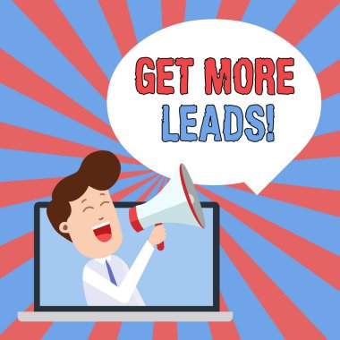 Get More Leads 'i gösteren bir not yazıyorum. İş fotoğraflarında tüketicinin ilgisini gösteren ya da araştırmacı ürünleri ya da hizmetleri sunan kişi dizüstü bilgisayardan hoparlör kabarcığına doğru konuşuyor.