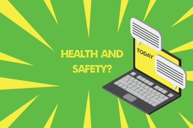 Handwriting text writing Health And Safety question. Concept meaning regulations and procedures intended to prevent accident Laptop receiving sending information conversation texting internet wireless