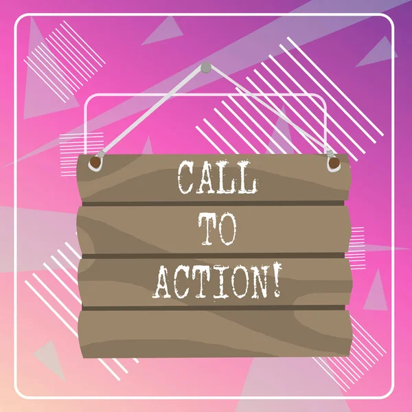 Κείμενο κειμένου Word Call To Action. Επιχειρηματική έννοια για παρότρυνση κάνει κάτι για να επιτευχθεί ο στόχος με το πρόβλημα Hook Up Blank Sign Plate. Κενό ξύλινο Signboard με σχοινί για κρέμασμα. — Φωτογραφία Αρχείου