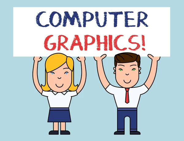 Note d'écriture montrant Computer Graphics. Photo d'affaires montrant des représentations visuelles de données affichées sur un moniteur Deux personnes souriantes tenant un tableau d'affichage au-dessus des mains . — Photo