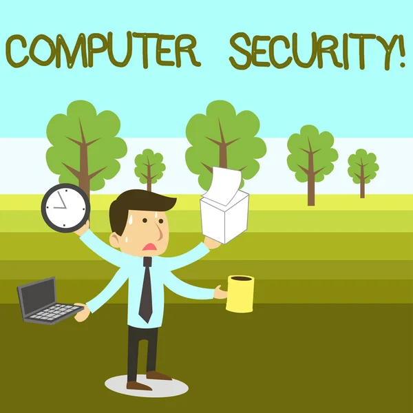 Text sign showing Computer Security. Conceptual photo protection of computer systems from theft or damage Stressed Out Male Employee Manager Many Armed Multitasking Meet Deadline. — 图库照片